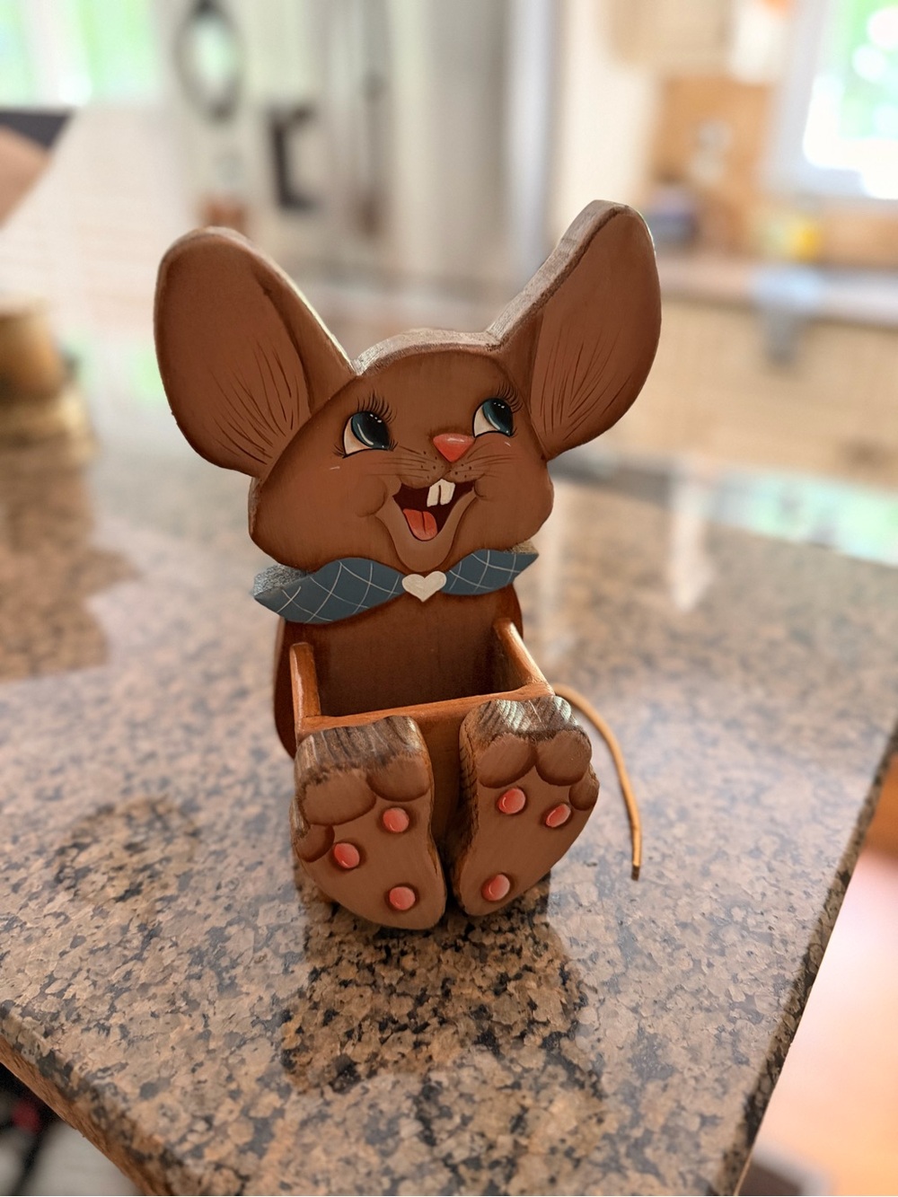 Cute Brown Mouse Wooden Trinket Holder with Blue Bow